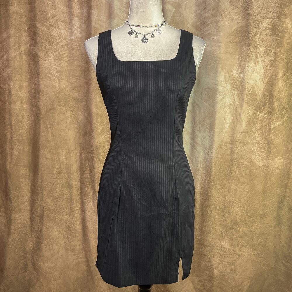 Vintage Indie Grunge Dress Black Sleeveless Mini Pinstripe Sheath Square Neck